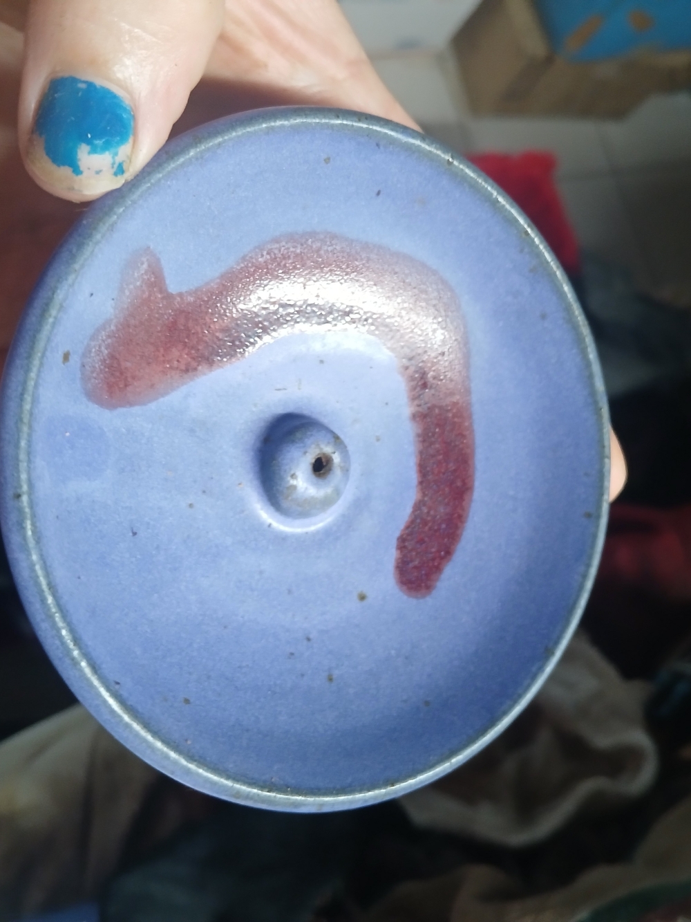 Blue Ceramic Incense Holder with Red Accent Handmade